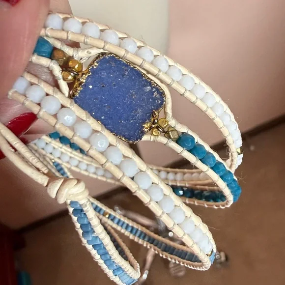 Nakamol blue white Raw gemstone boho Mediterranean long Wrap bracelet - Picture 3 of 15